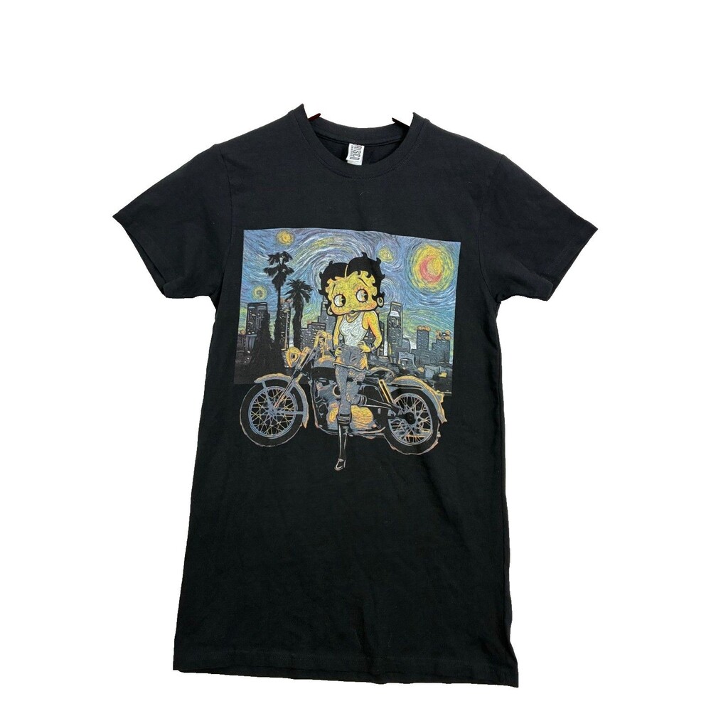 Betty Boop Baisco Brands Women's Small Black Motorcycle Starry Night Graphic Tee